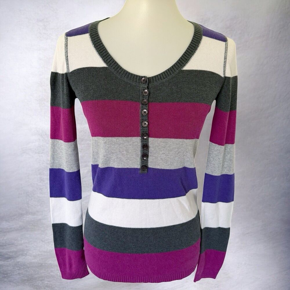 Aeropostale Womens Y2K Striped Henley Sweater Size M Scoop Neck Preppy Stretch